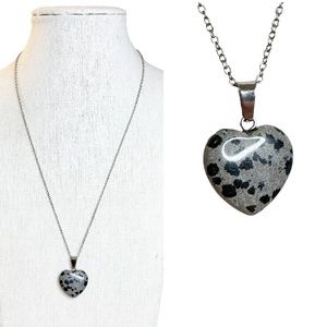 Vintage Sterling Silver 925 Dalmatian Jasper Heart Pendant Necklace